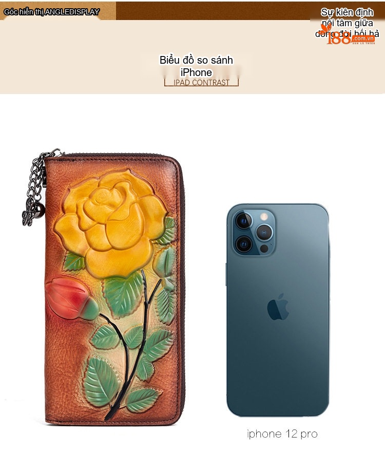 Ví Nữ Dáng Dài Khóa Kéo Họa Tiết Hoa Hồng Dập Nổi Phong Cách Châu Âu Màu Vàng, Đỏ, Đen... chi tiết 5