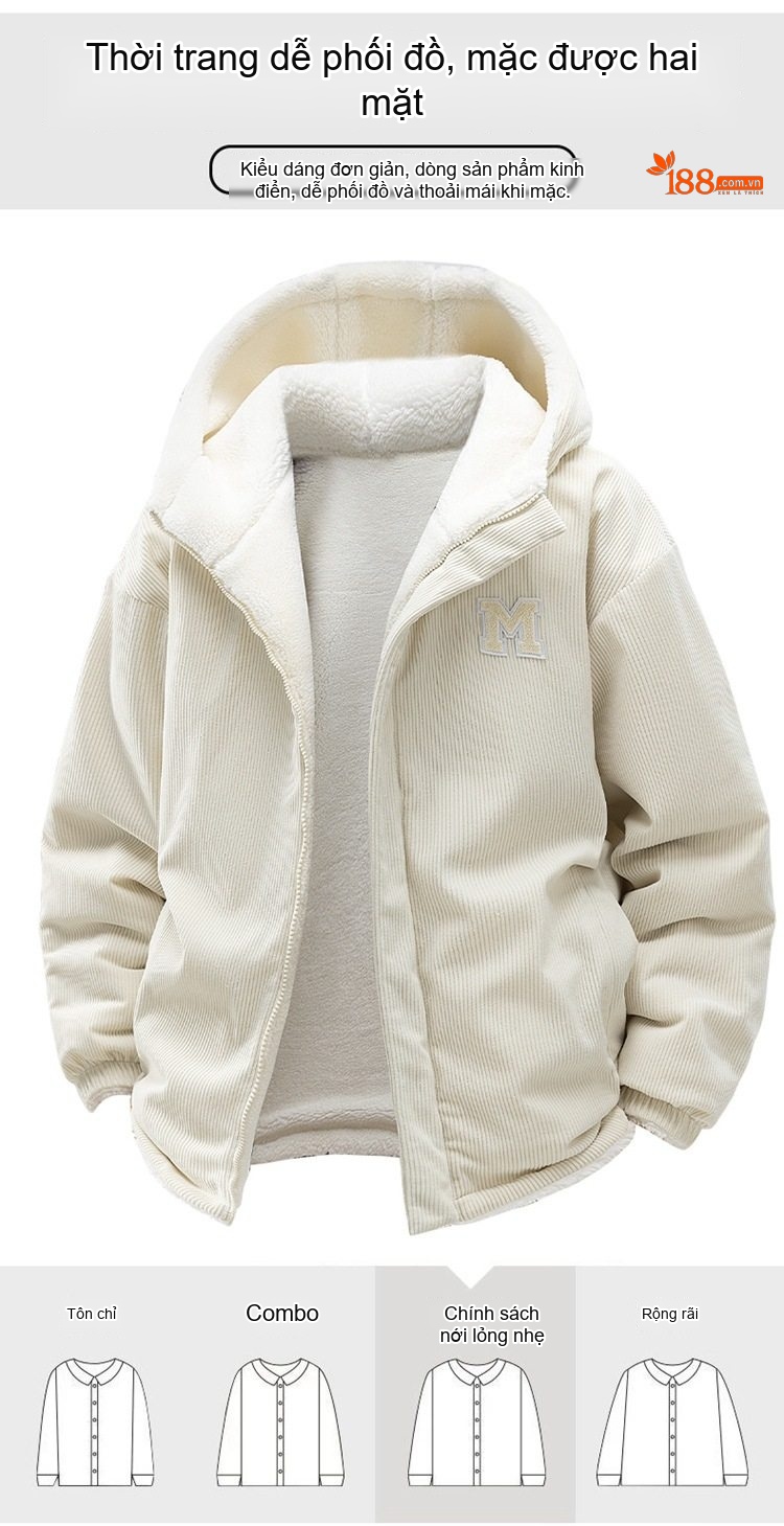 Áo Khoác Cotton Lót Lông Cừu Non Có Mũ Trùm Đầu Dáng Rộng Nam Nữ Màu Đen, Xanh, Tím, Kem... chi tiết 2