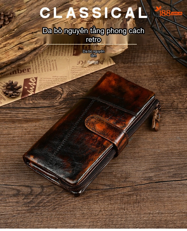 Ví Dài Nam Da Bò Thủ Công Nhiều Ngăn Đựng Thẻ Màu Nâu Đen chi tiết 1