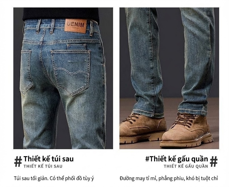 Quần Jean Dài Nam Màu Xanh Dương Rửa Bụi, Dáng Ôm Vừa, Ống Đứng, Phong Cách Retro chi tiết 25