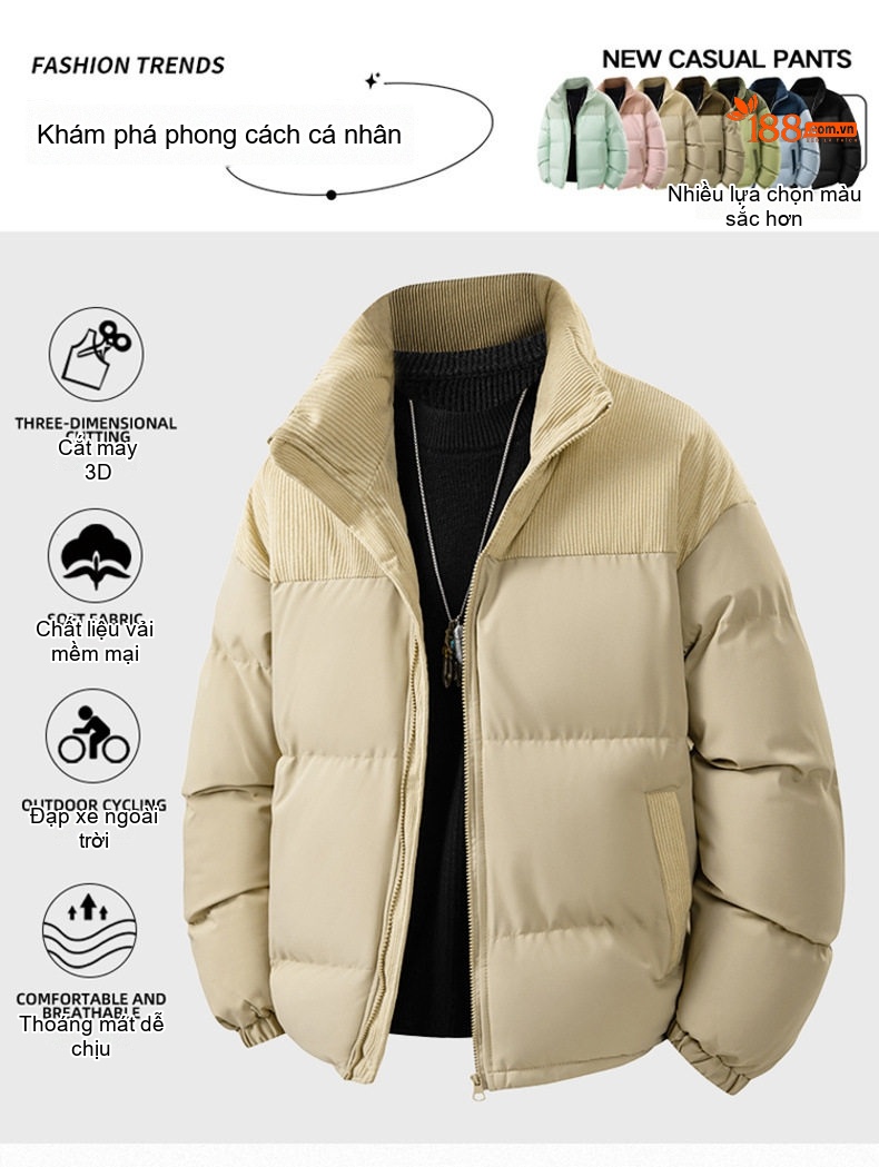 Áo Khoác Phao Nam Nữ Cotton Dáng Rộng Cổ Đứng Lót Nỉ Màu Xanh Dương, Nâu, Hồng, Xanh Lá... chi tiết 1