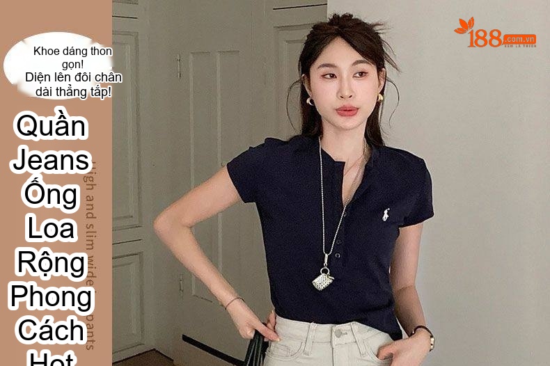 Quần Jean Nữ Ống Loe Rộng Lưng Cao Dáng Suông Màu Trắng Kem chi tiết 1