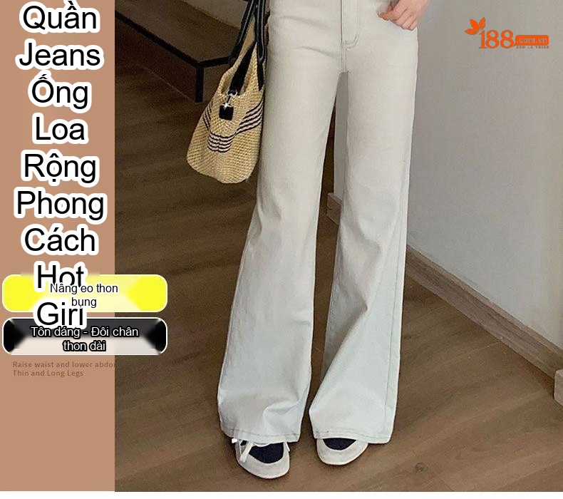 Quần Jean Nữ Ống Loe Rộng Lưng Cao Dáng Suông Màu Trắng Kem chi tiết 2