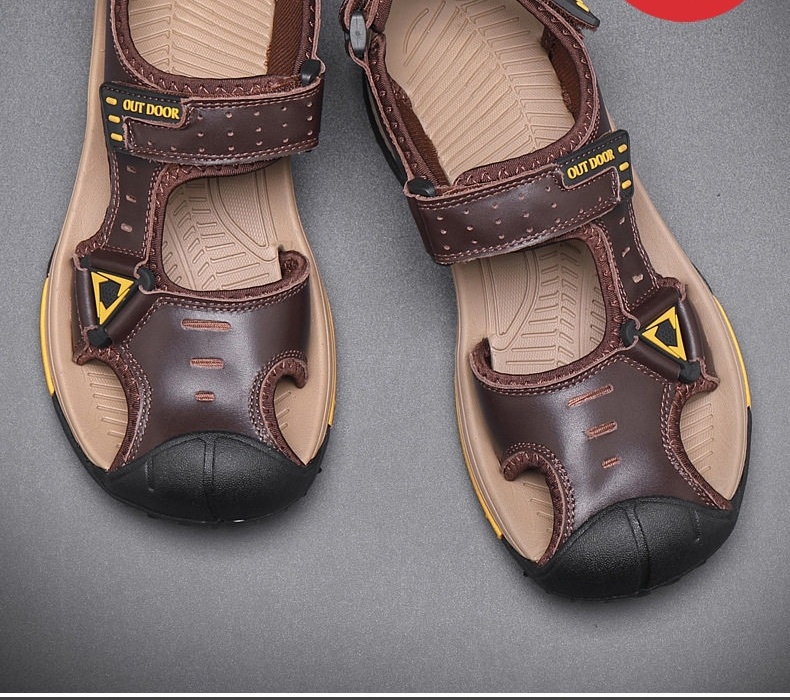 Dép Sandal Nam Da Thật Quai Dán Đế Cao Su Chống Trượt Bít Mũi Đi Biển, Đi Phượt (đế cao 3 cm) chi tiết 8