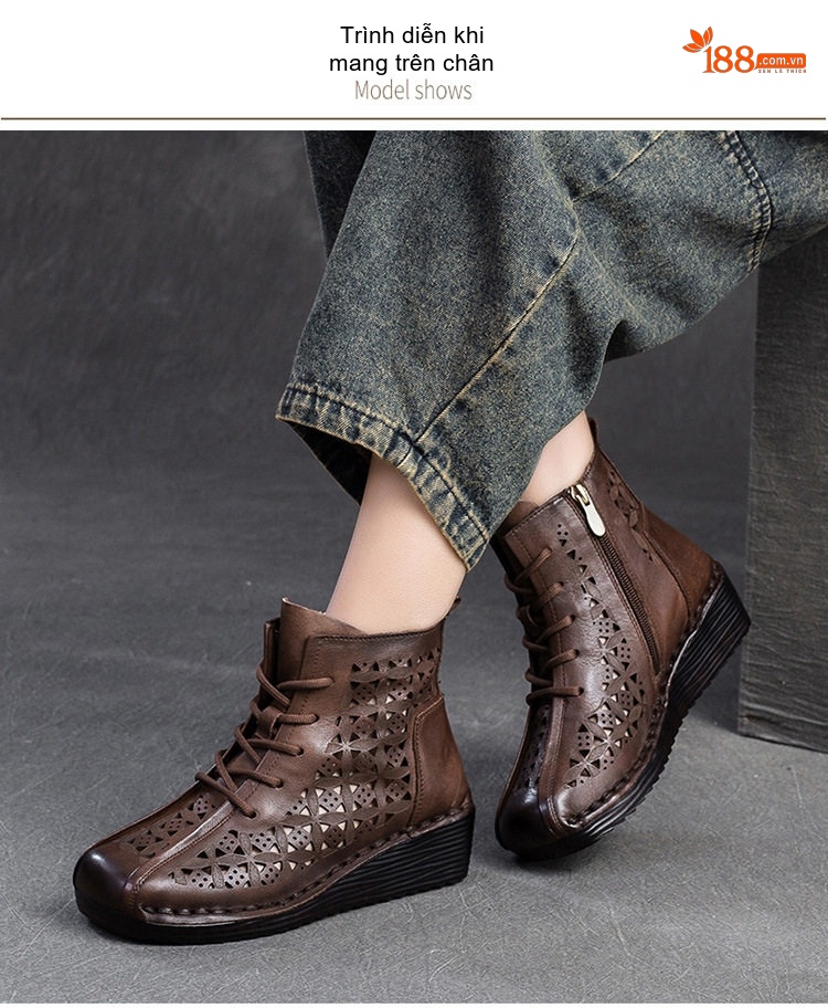 Boot Nữ Cổ Cao Da Mờ Khoét Lỗ Thoáng Khí Chiều Cao Đế Khoảng 4cm Màu Nâu, Xám chi tiết 7