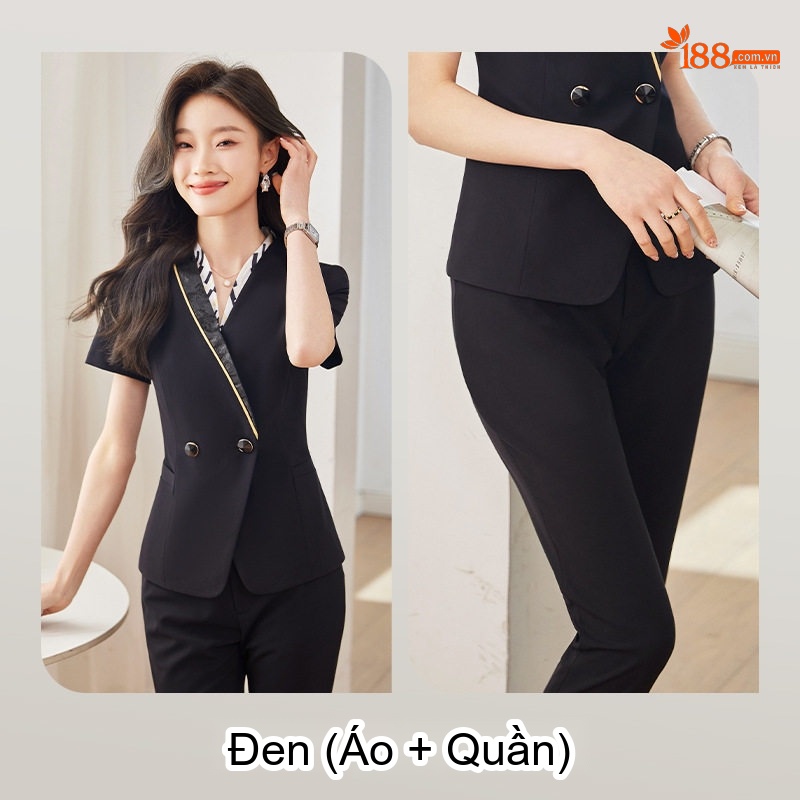 Bộ Vest Nữ Tay Ngắn Mỏng Mùa Hè Phong Cách Công Sở Thanh Lịch Màu Đen, Xanh Than