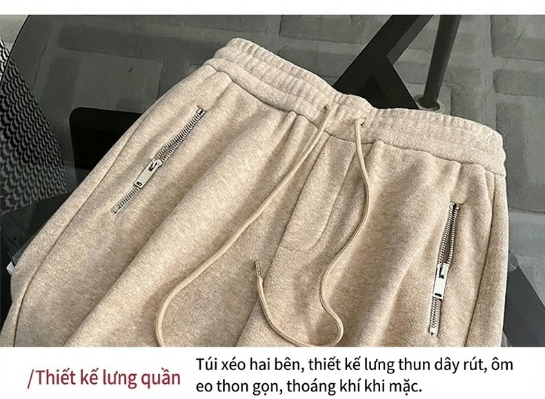 Bộ Quần Áo Nữ Áo Khoác Có Khóa Kéo Quần Ống Rộng Lót Lông Màu Be chi tiết 11