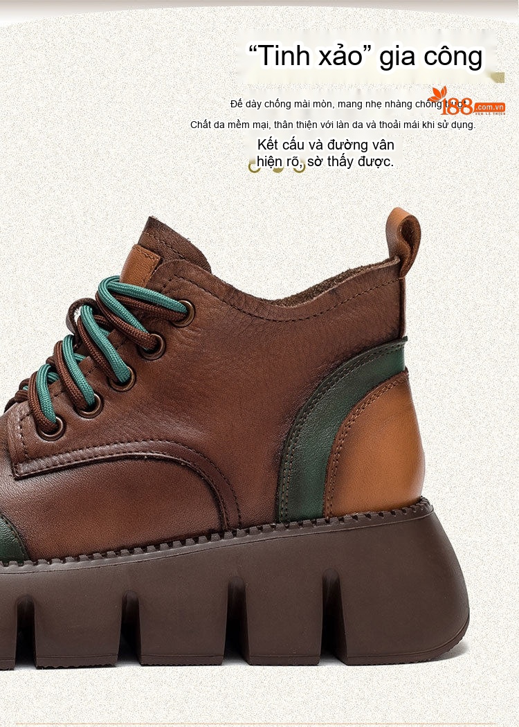 Boot Nữ Cổ Ngắn Da Bò Đế Bánh Mì Phối Màu Chiều Cao Đế Khoảng 5cm Màu Nâu, Vàng, Xanh Lá chi tiết 2
