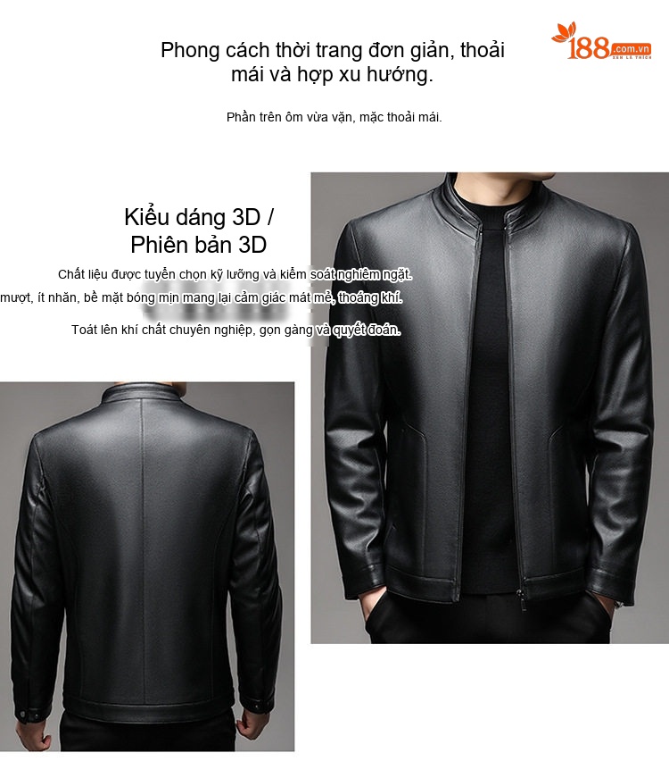 Áo Khoác Da Nam Da PU Cổ Trụ Khóa Kéo Màu Đen, Nâu, Xám chi tiết 4