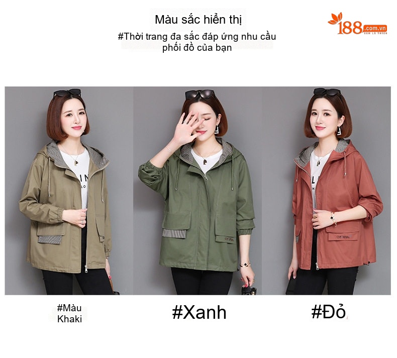 Áo Khoác Gió Nữ Dáng Lỡ Có Mũ Trùm Đầu Phong Cách Xuân Màu Be, Đỏ Gạch, Xanh Olive chi tiết 7