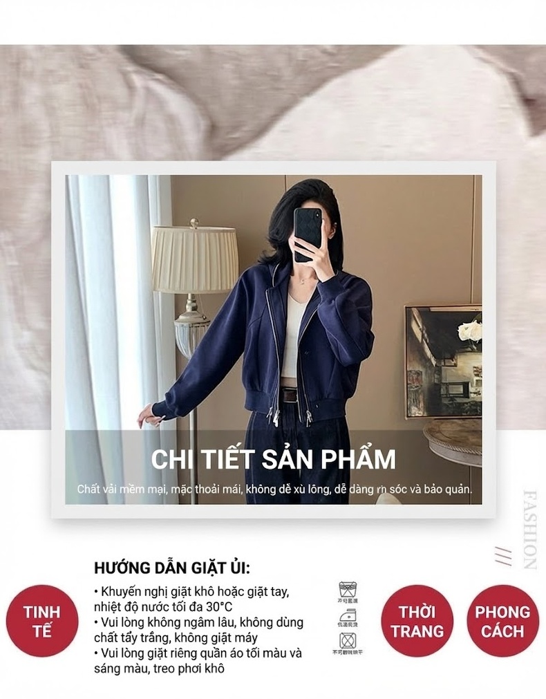Bộ Quần Áo Thể Thao Nữ Áo Khoác Dáng Lửng Quần Ống Rộng Phong Cách Hàn Quốc Màu Xanh Navy chi tiết 3