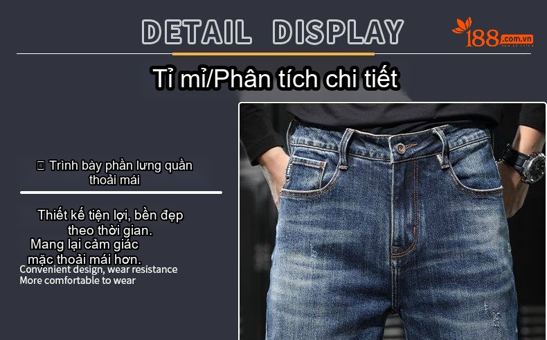 Quần Jean Nam Ống Đứng Dáng Ôm Vừa Vặn Thoải Mái Màu Xanh Dương chi tiết 5