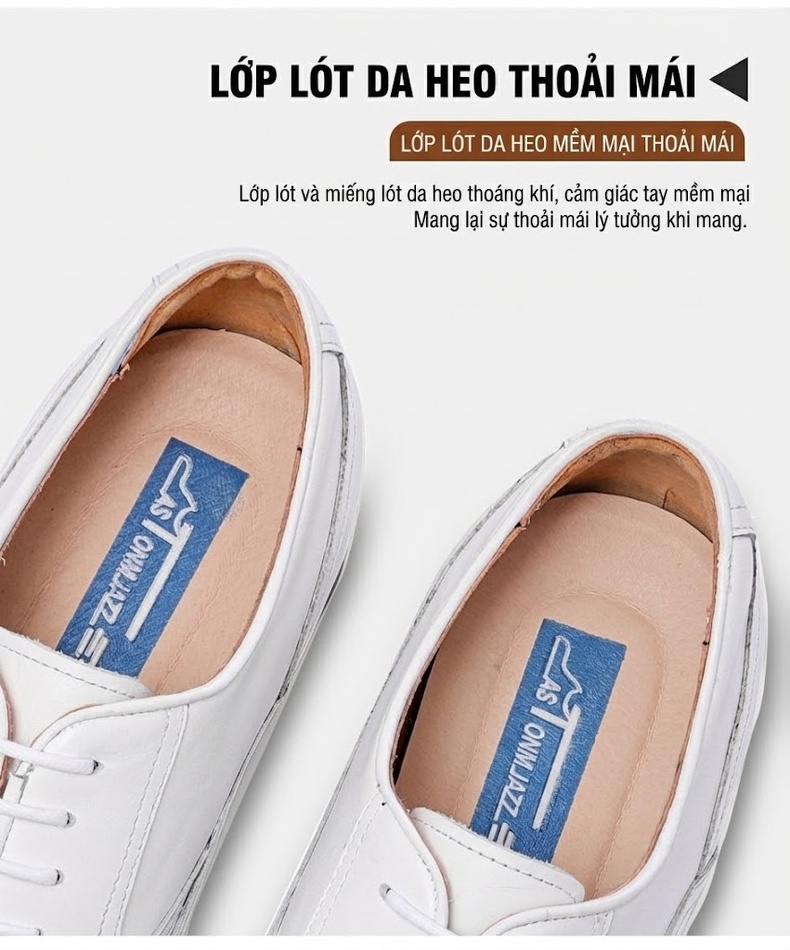 Giày Tây Buộc Dây Nam Da Bóng Chiều Cao Đế Khoảng 3cm Màu Trắng chi tiết 8