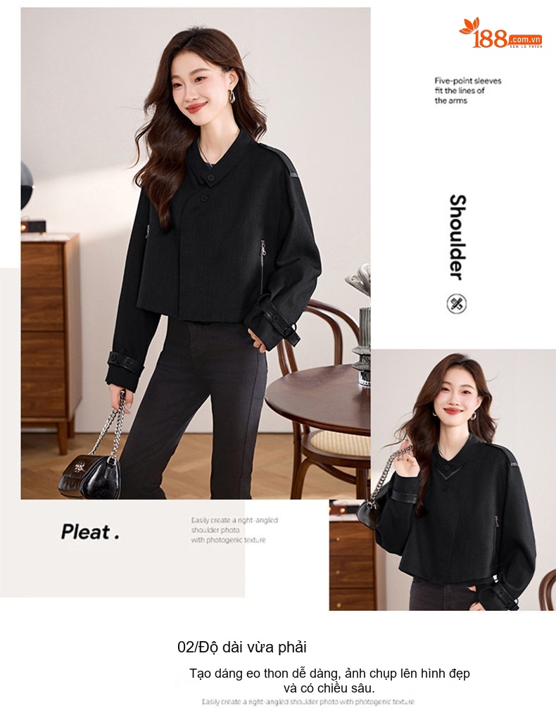 Áo Khoác Lửng Nữ Tay Dài Kiểu Croptop Vải Dệt Phong Cách Thời Trang Màu Đỏ, Đen chi tiết 5