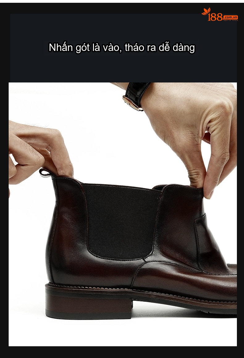 Giày Chelsea Boot Nam Da Bóng Cao Cổ Mũi Nhọn Chiều Cao Đế Khoảng 3cm Màu Đen, Nâu chi tiết 4