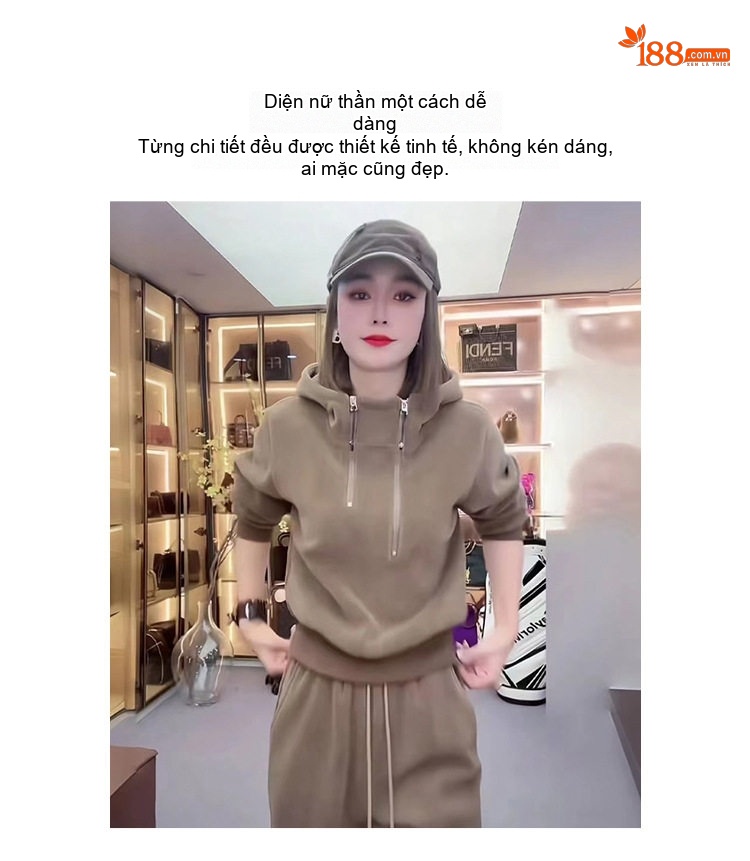 Bộ đồ thể thao nữ dáng rộng có mũ trùm đầu khóa kéo chi tiết 3