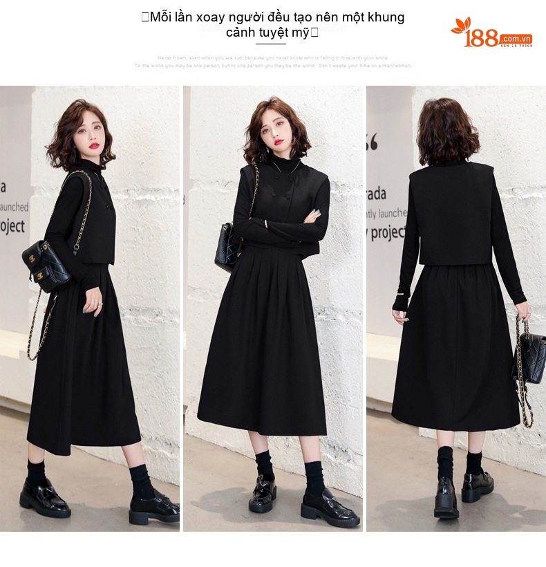 Váy Bộ Nữ Thu Đông Áo Gilet Khoác Lửng và Đầm Liền Thân Dài Tay Chất liệu Dệt Kim Màu Đen, Nâu chi tiết 4