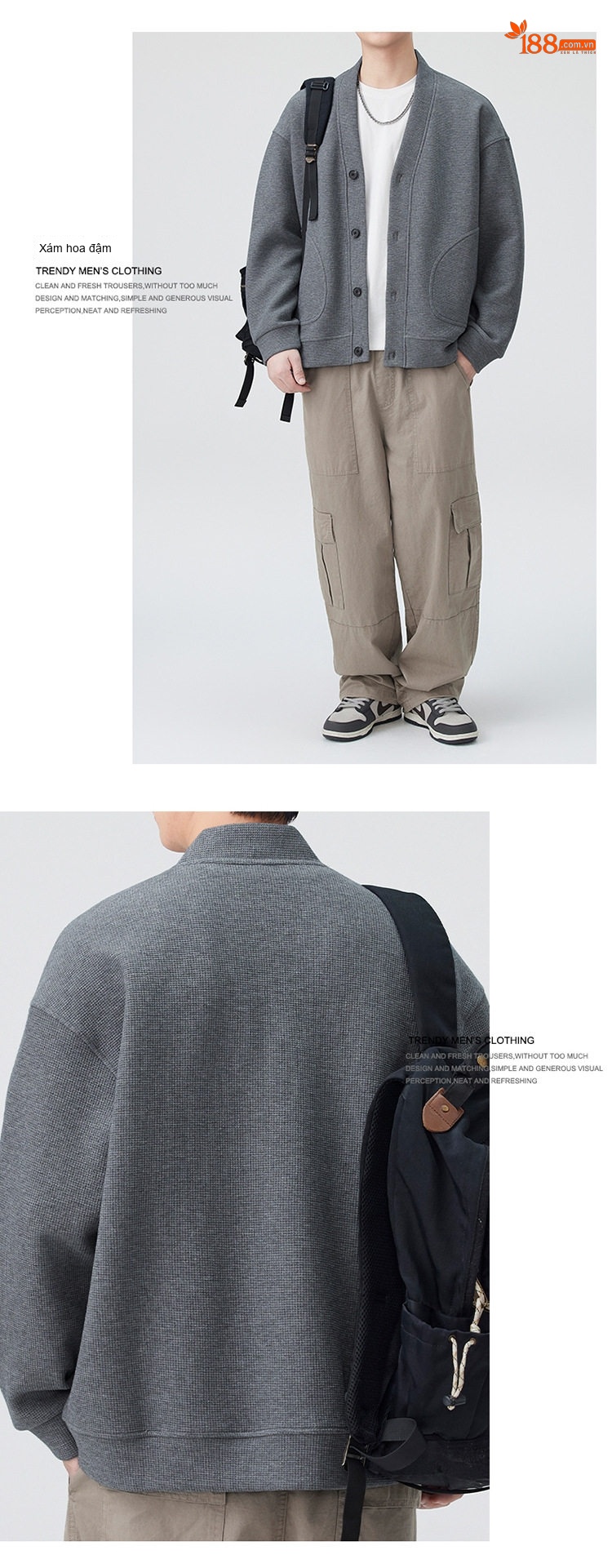 Áo Khoác Cardigan Nam Dáng Rộng Phong Cách Hàn Quốc Màu Xám, Nâu, Xanh Navy chi tiết 6