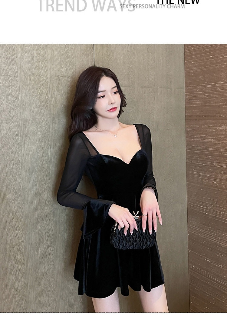 Đầm Nhung Ngắn Chữ A Cổ Chữ V Tay Dài Ôm Dáng Màu Đen chi tiết 2