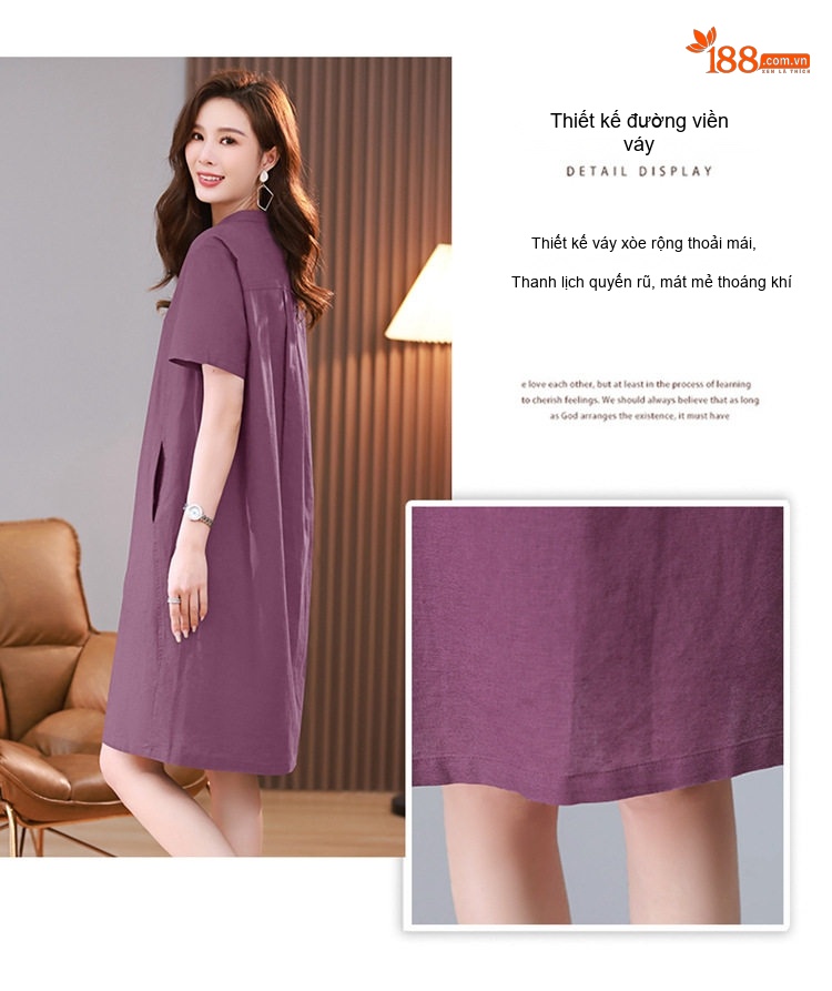 Váy Midi Nữ Cổ chữ V Tay Ngắn Phong Cách Retro Thanh Lịch Cotton Màu Xanh Rêu, Xanh Lá, Tím, Xanh Navy... chi tiết 9