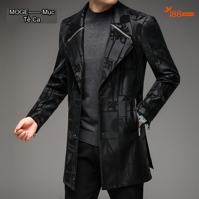 Áo Khoác Da Nam Dáng Dài Cổ chữ Vest Form Ôm Phong Cách Hàn Quốc Màu Đen