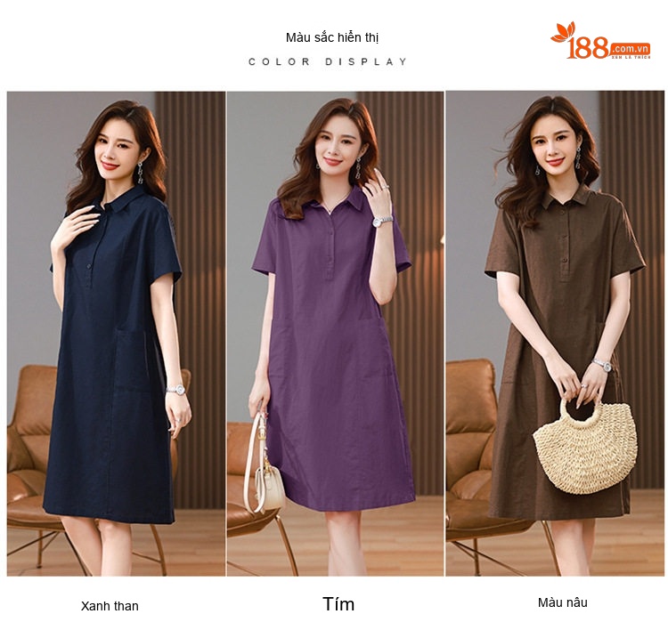 Váy Sơ Mi Nữ Dáng Suông Cotton Linen Phong Cách Retro Màu Xanh Navy, Tím, Nâu, Xanh Lá... chi tiết 13