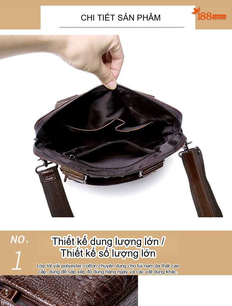 Túi Đeo Chéo Nam Da Bò Dập Vân Cá Sấu Dáng Đứng Công Sở Màu Nâu chi tiết 15