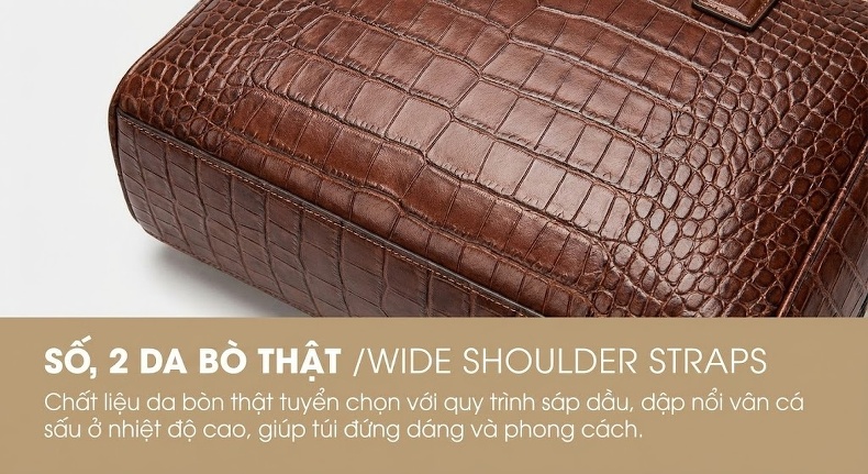 Túi Đeo Chéo Nam Da Bò Dập Vân Cá Sấu Dáng Đứng Công Sở Màu Nâu chi tiết 16