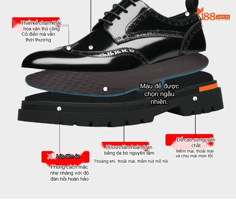 Giày Tây Buộc Dây Nam Da Bò Thật Brogue Chiều Cao Đế Khoảng 4cm Màu Đen, Đỏ Rượu chi tiết 3