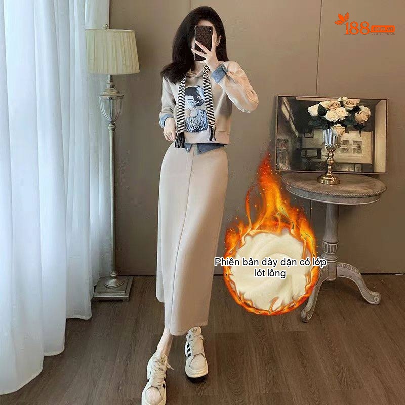 Set Bộ Áo Hoodie và Chân Váy Dáng Dài Nữ Lót Lông Dày Dặn Phong Cách Thời Trang Màu Be