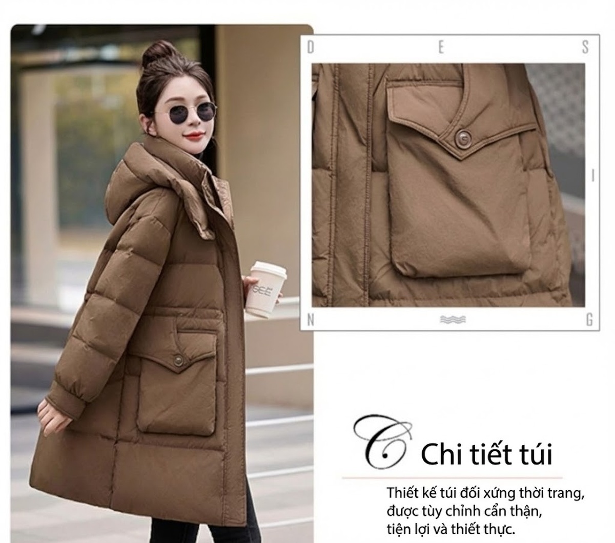 Áo Phao Nữ Dáng Dài Vừa Gọn Gàng Thời Trang Mùa Đông Ấm Áp Màu Be, Nâu, Trắng Kem, Đen... chi tiết 13