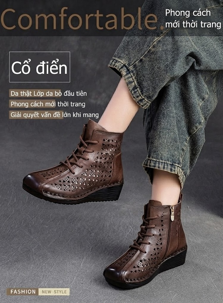 Boot Nữ Cổ Cao Da Mờ Khoét Lỗ Thoáng Khí Chiều Cao Đế Khoảng 4cm Màu Nâu, Xám chi tiết 1