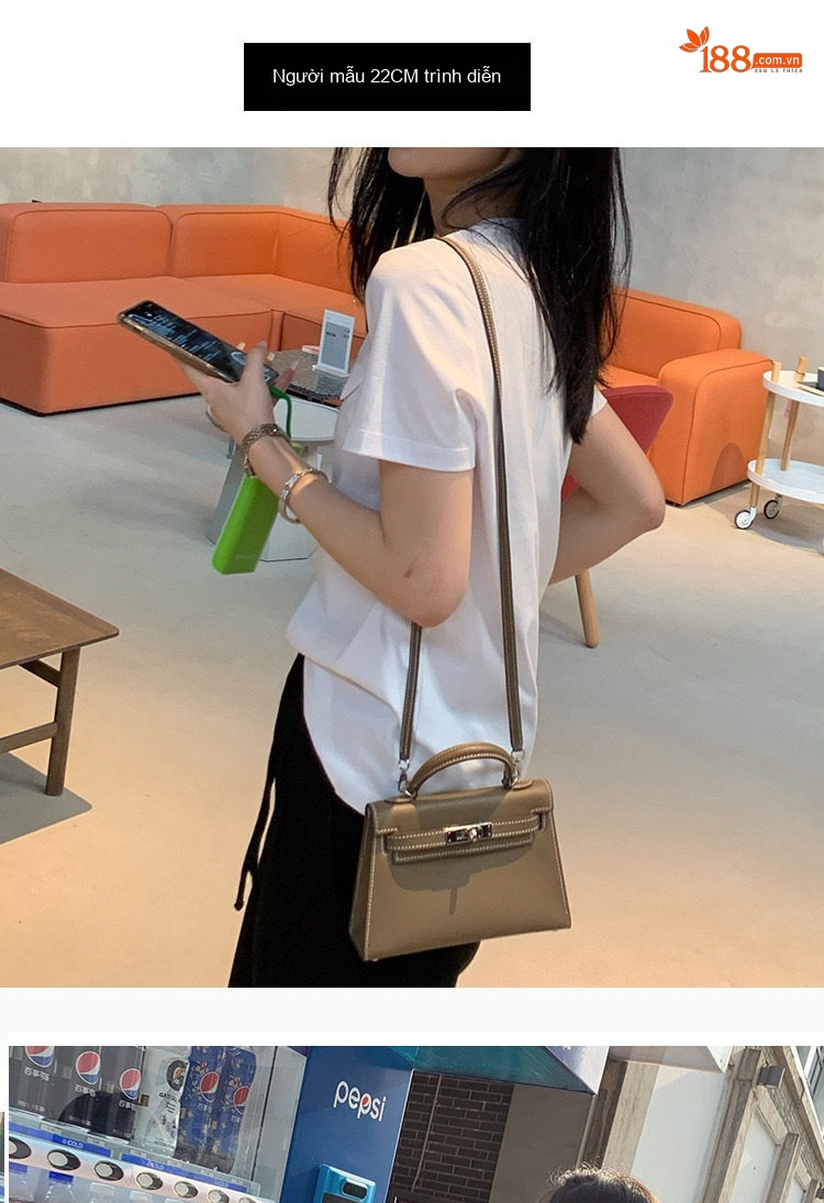 Túi Kelly Mini Da Bò Vân Tay Cầm Tay Đeo Vai Chéo Phong Cách Thời Trang Màu Trắng, Nâu, Xám, Đen... chi tiết 9