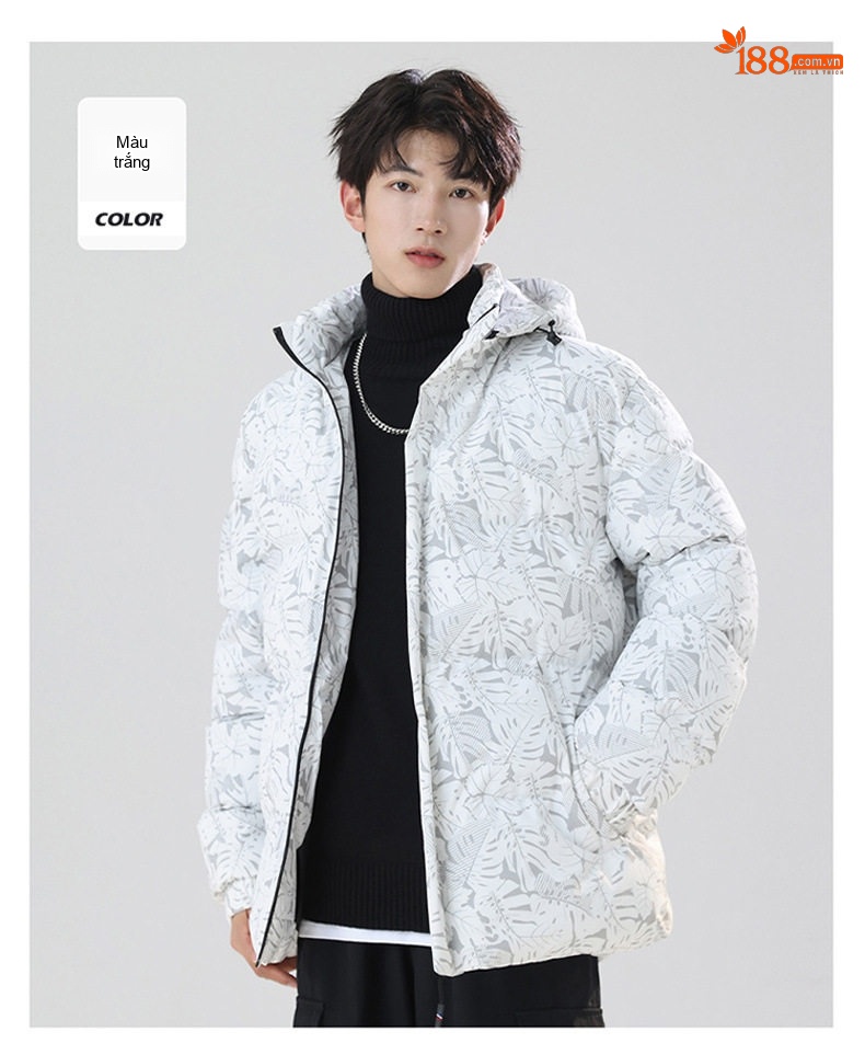 Áo Khoác Phao Nam Cotton Có Mũ Trùm Đầu Kiểu Hàn Quốc Màu Trắng, Đen, Xanh Navy chi tiết 13