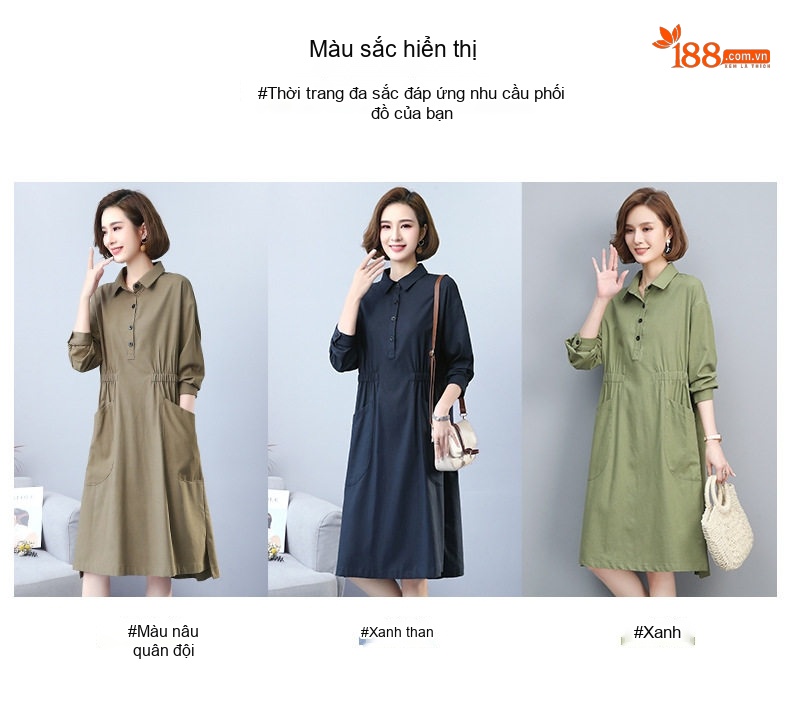 Váy Dài Tay Cotton Linen Dáng Suông Che Bụng Phong Cách Casual Màu Xanh Rêu, Đen chi tiết 8