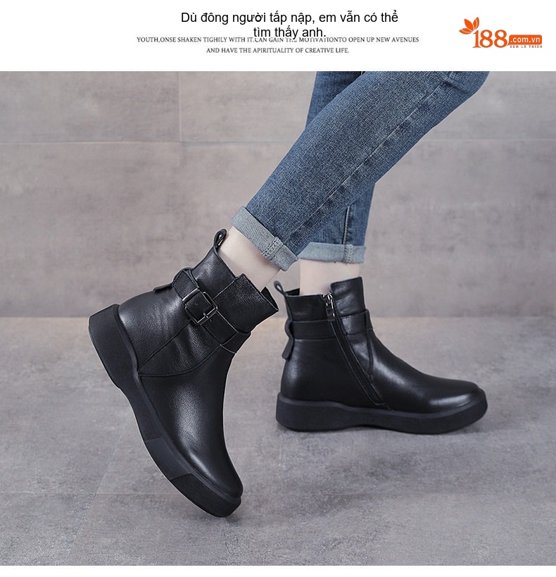 Boot Nữ Da Thật Martin Cổ Ngắn Khóa Đai Phong Cách Anh Chiều Cao Đế Khoảng 3cm Màu Đen chi tiết 14