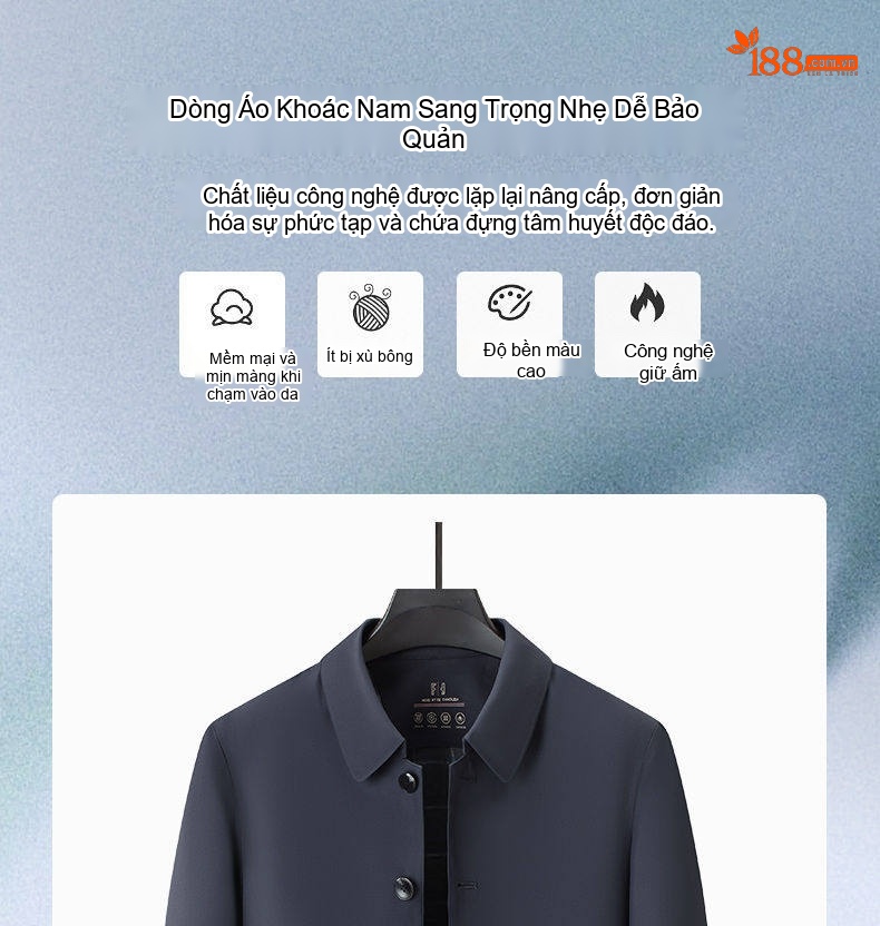Áo Khoác Nam Cổ Bẻ Nút Bấm Phong Cách Công Sở Màu Xanh Navy, Kem chi tiết 1