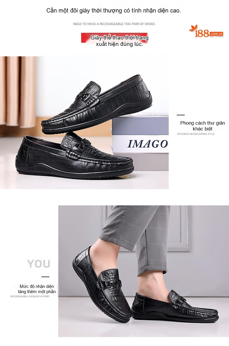Giày Lười Nam Da Bò Vân Cá Sấu Chiều Cao Đế Khoảng 3cm Màu Đen chi tiết 2