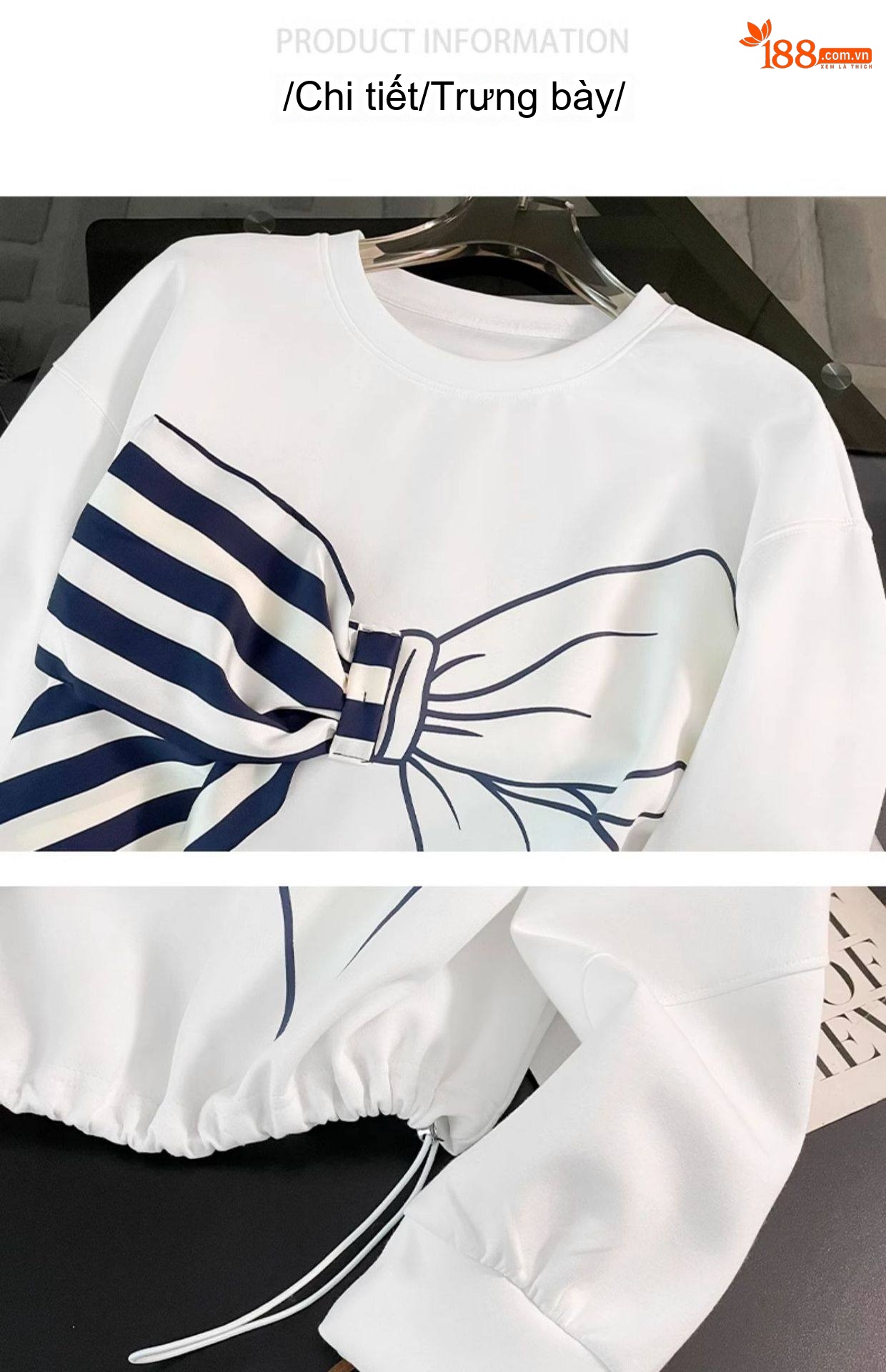 Set Áo Hoodie Tay Dài Cổ Tròn và Chân Váy Ngắn Nữ Trang Trí Nơ Phong Cách Thời Trang Màu Trắng, Xanh Navy chi tiết 12