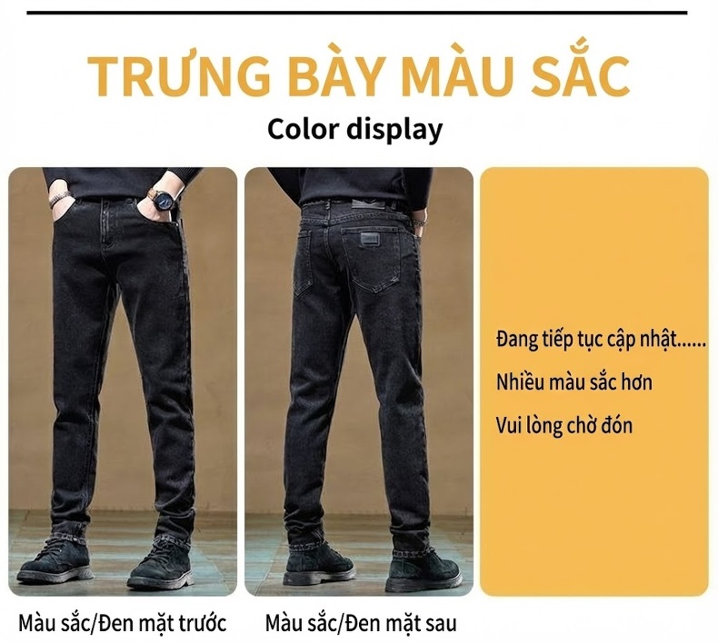 Quần Jean Nam Ống Đứng Co Giãn Mềm Mại Lót Lông Cừu Dày Dặn Màu Đen, Xanh chi tiết 12