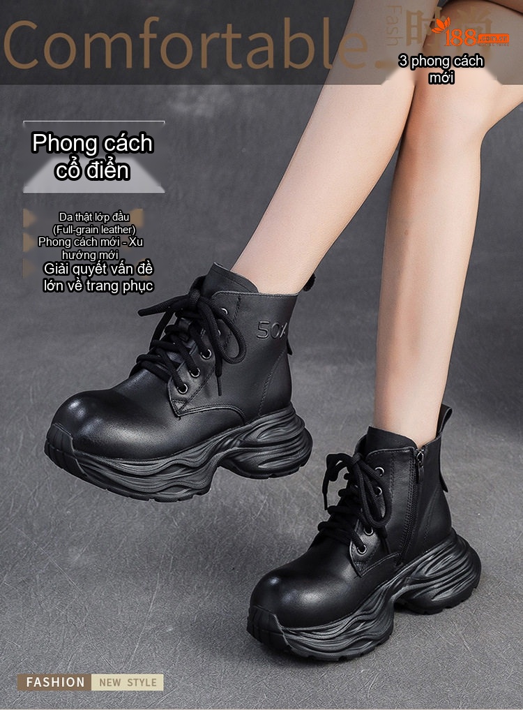 Boot Nữ Da Bò Cổ Lửng Phong Cách Âu Mỹ Chiều Cao Đế Khoảng 5cm Màu Đen, Nâu chi tiết 1