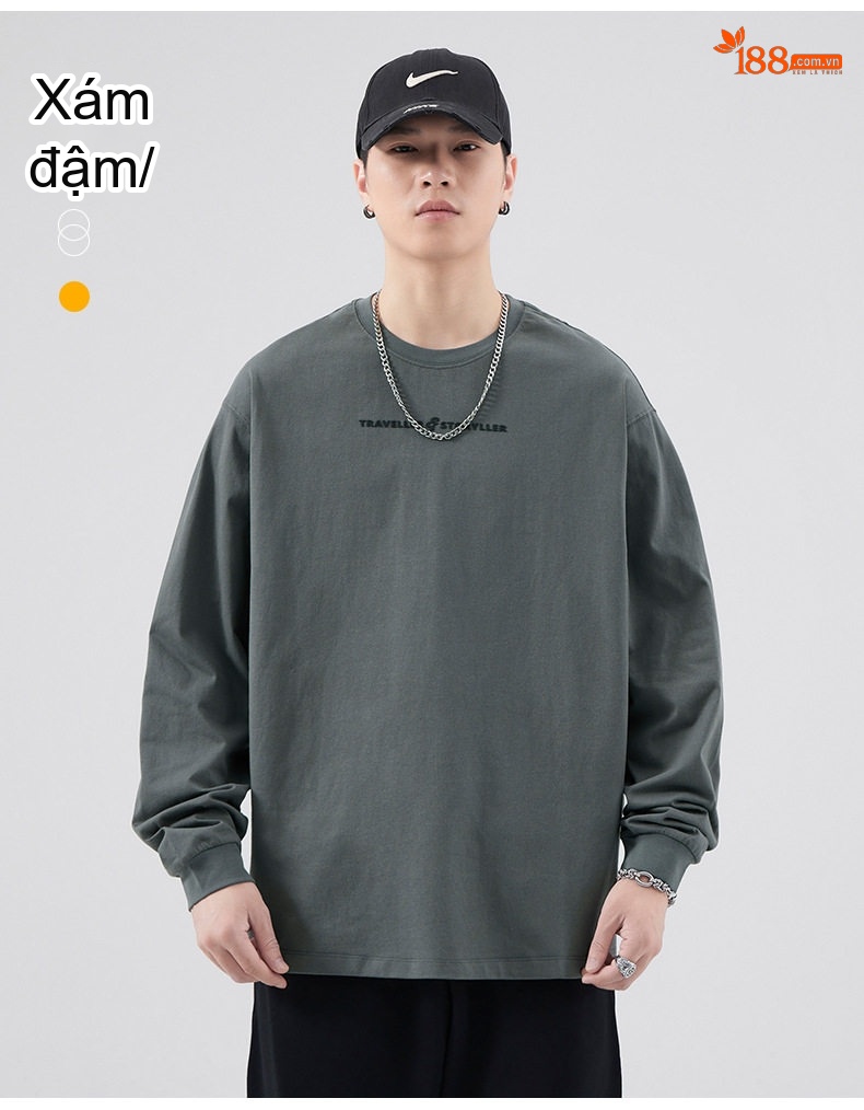 Áo Thun Tay Dài Nam Cotton Dáng Rộng Phong Cách Casual Màu Xám, Nâu, Trắng chi tiết 14