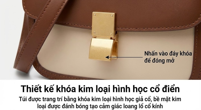 Túi Xách Nữ Da Bò Đeo Vai/Kẹp Nách Thiết Kế Pháp Màu Nâu, Kem chi tiết 11