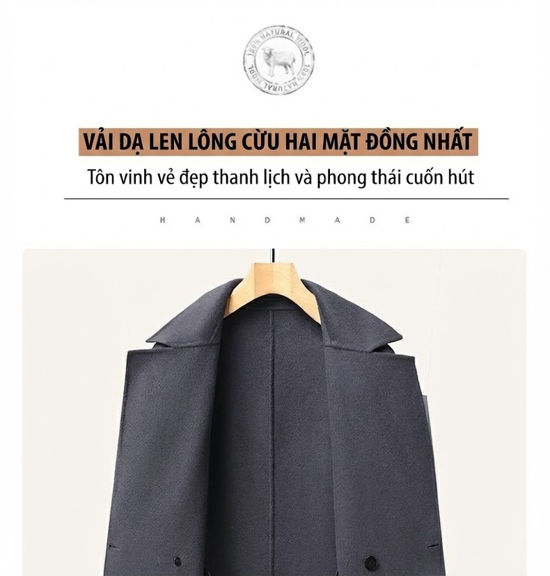 Áo Khoác Dạ Nam Dáng Dài Tay Raglan Hai Hàng Khuy Màu Nâu, Xám Đậm, Đen chi tiết 9