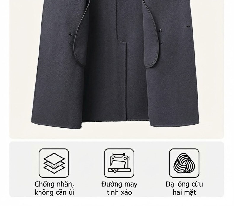 Áo Khoác Dạ Nam Dáng Dài Tay Raglan Hai Hàng Khuy Màu Nâu, Xám Đậm, Đen chi tiết 10