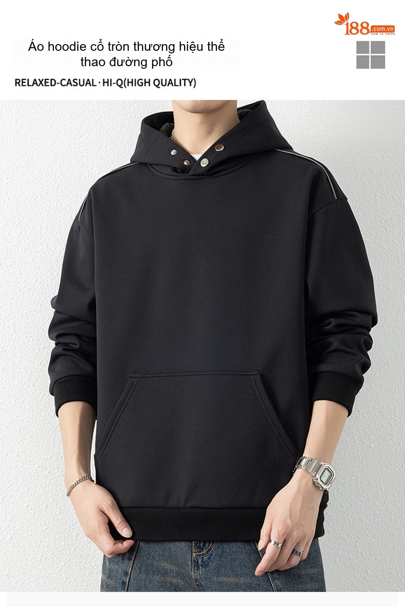 Áo Hoodie Nam Dáng Rộng Tay Dài Có Mũ Trùm Đầu Phong Cách Casual Màu Đen, Xám, Nâu chi tiết 1