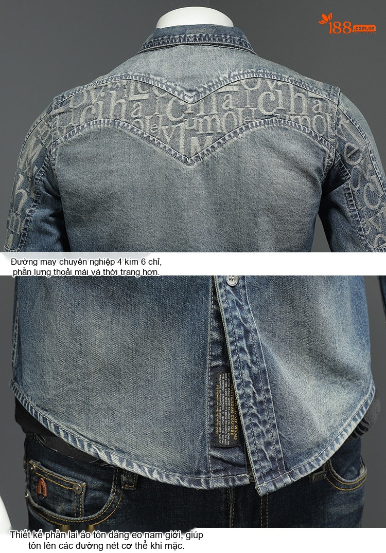 Áo Sơ Mi Denim Nam Thêu Họa Tiết Cá Tính Dáng Ôm Vừa Vặn Màu Xanh chi tiết 8