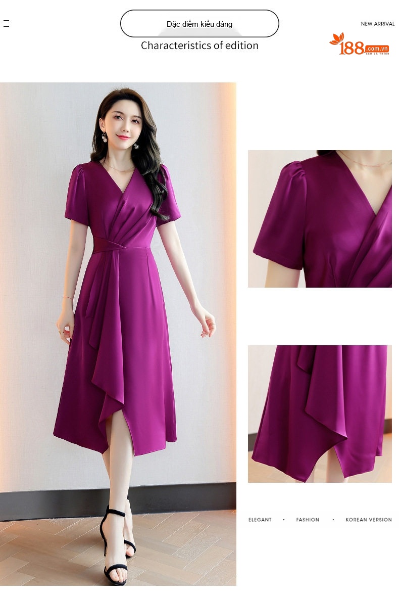 Váy liền thân Nữ Thiết Kế V-Neck Dáng Ôm Thanh Lịch Màu Trắng, Đen, Tím chi tiết 3