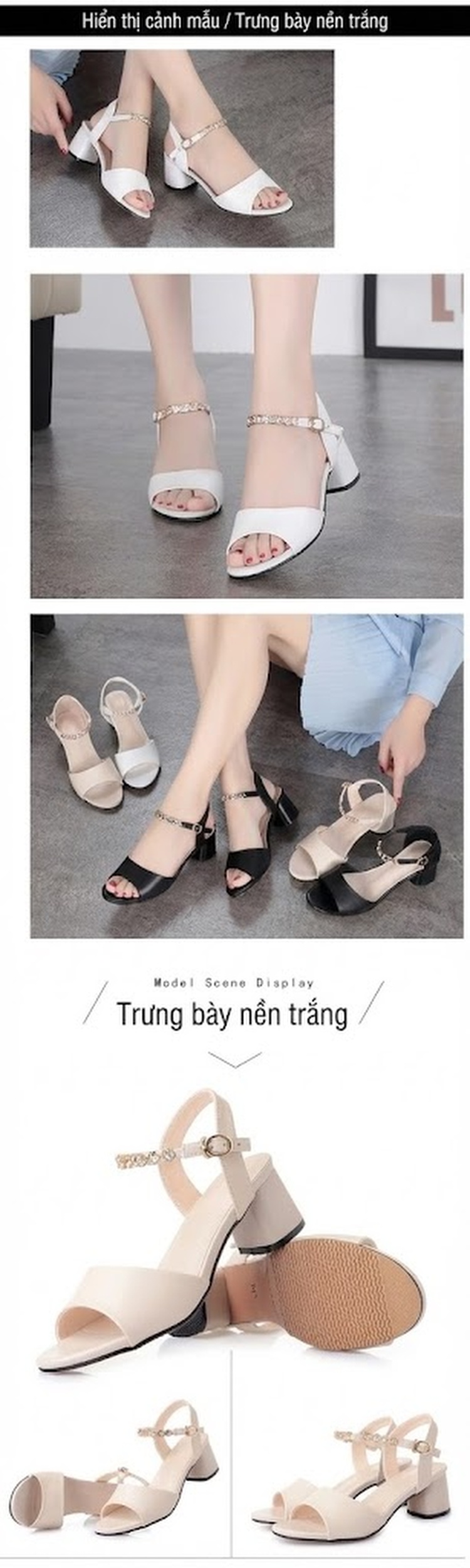 Dép Sandal Nữ Quai Hậu Đế Vuông Da Mềm Chống Trượt Đế Cao 5cm - 6cm Màu Trắng, Đen, Kem chi tiết 14