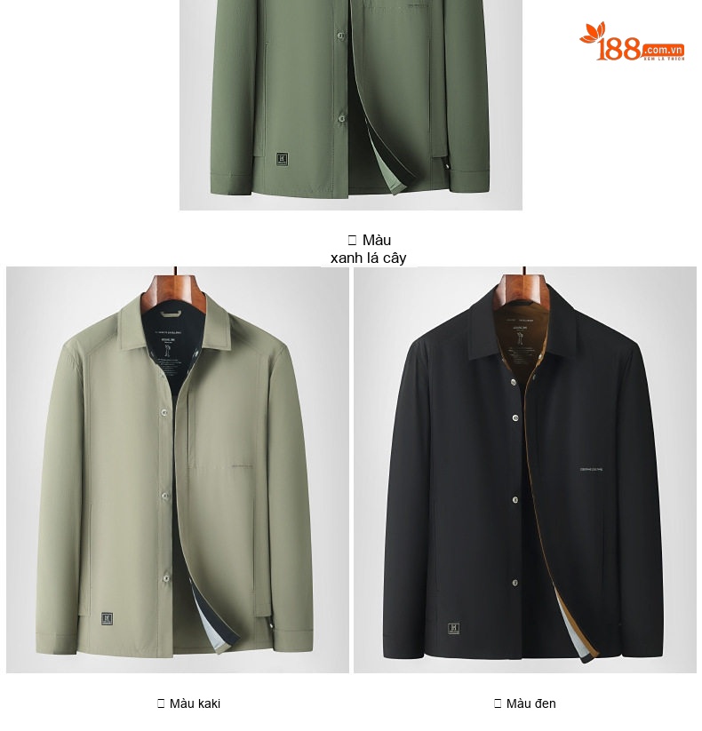 Áo Khoác Nam Cổ Sơ Mi Mỏng Nhẹ Màu Xanh Olive, Đen chi tiết 8